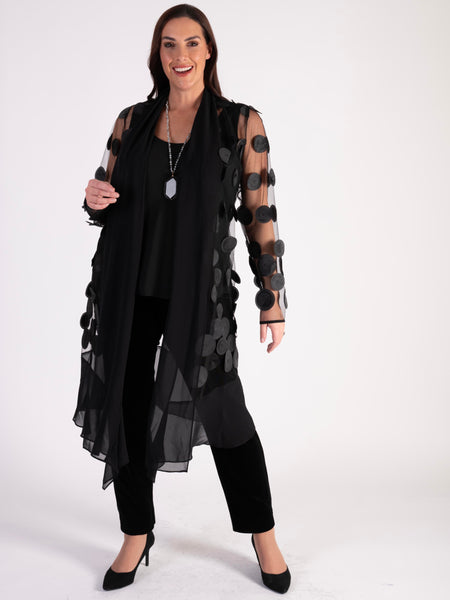 Black Mesh Coat with Laser Cut Circles and Chiffon Trim | Chesca Direct