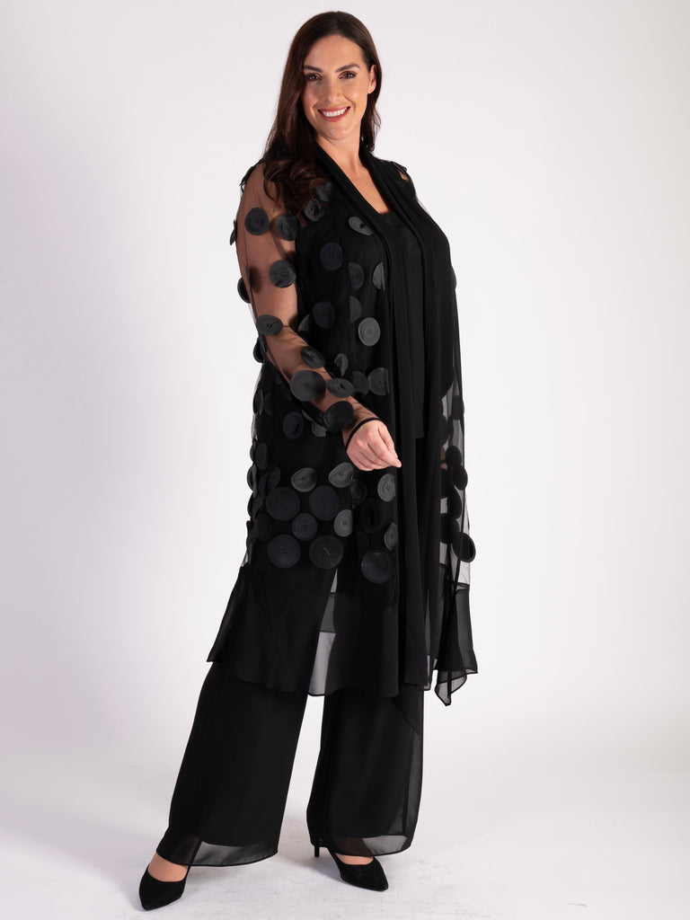 Black Mesh Coat with Laser Cut Circles and Chiffon Trim | Chesca Direct