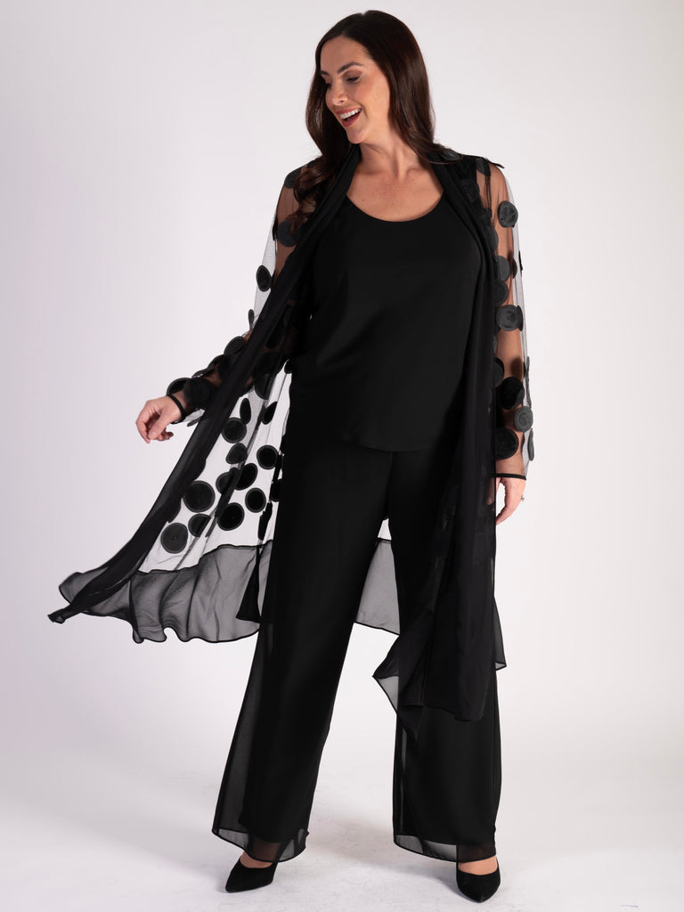 Black Mesh Coat with Laser Cut Circles and Chiffon Trim | Chesca