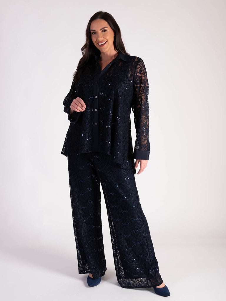 Navy Jersey Lined Sequin Lace Trousers | Chesca