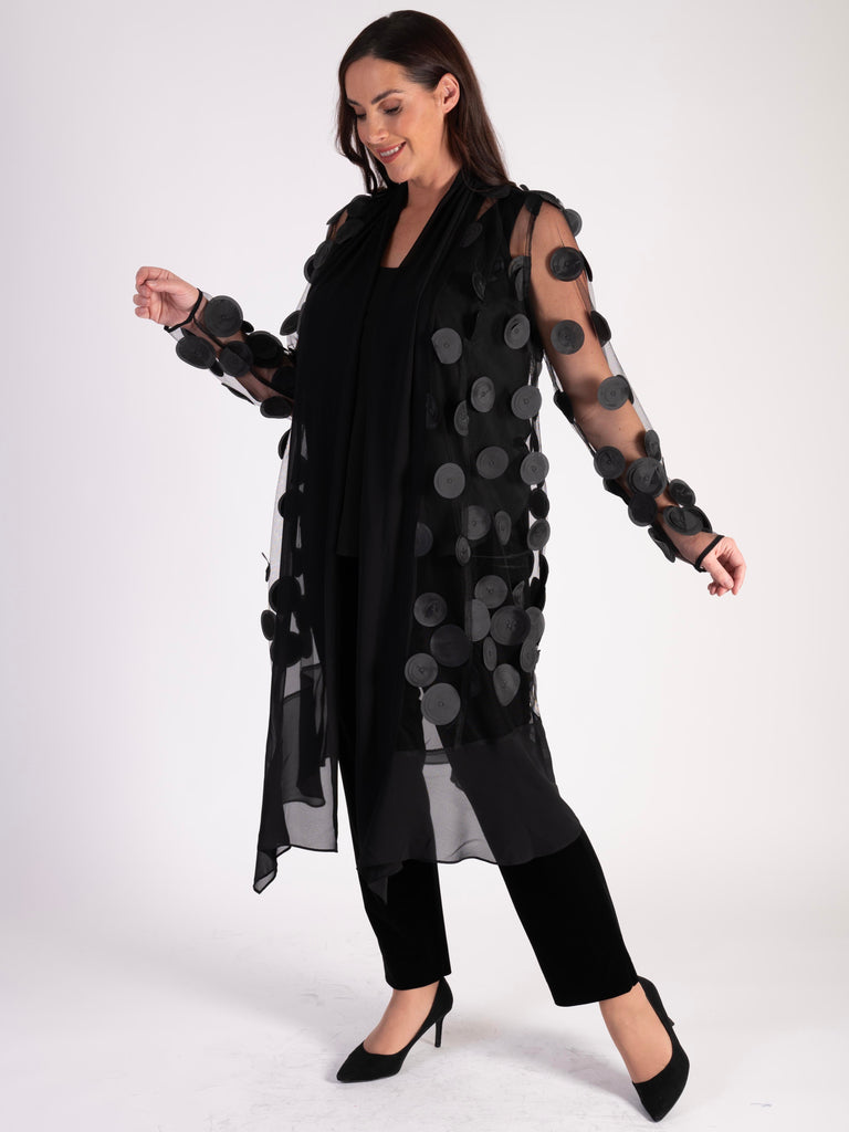 Black Mesh Coat with Laser Cut Circles and Chiffon Trim Chesca Direct