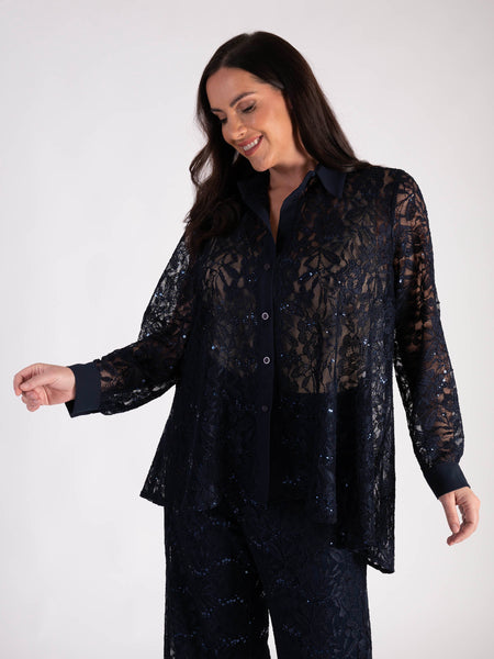 Dark Navy Sequin Lace Shirt with Chiffon Button Front & Cuff Trim