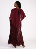 Signature  Wine Sequin Dress with Flowing Chiffon Cape