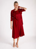 A Rouge Pleated Dress With Applique Chiffon Flower Detail