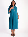 Teal Notch Neck Zip Front Crepe Jersey Balloon Dress