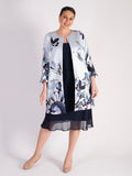 Pale Aqua/Silver Floral Placement Edge to Edge Contrast Lined Satin Twill Coat