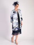 Pale Aqua/Silver Floral Placement Edge to Edge Contrast Lined Satin Twill Coat