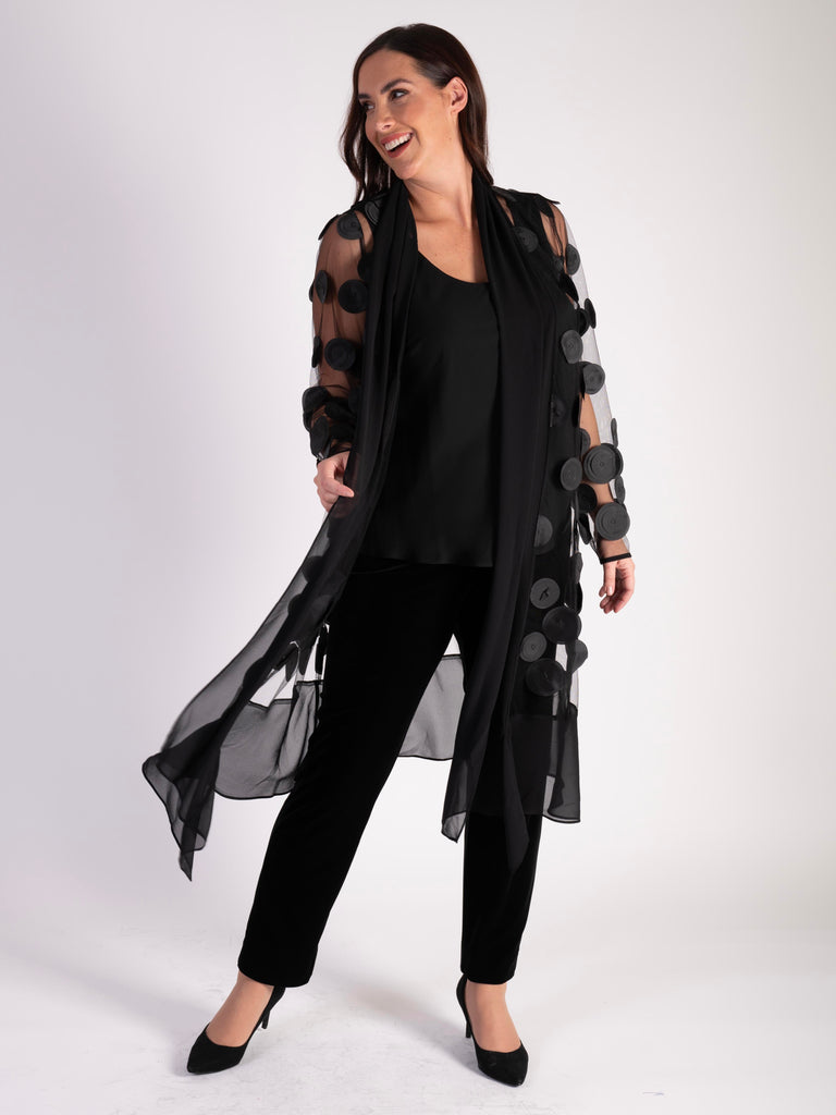 Black Mesh Coat with Laser Cut Circles and Chiffon Trim | Chesca Direct