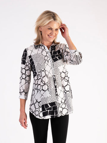 A Black/White Contrast Geometric Pattern Shirt – Classic Sophistication