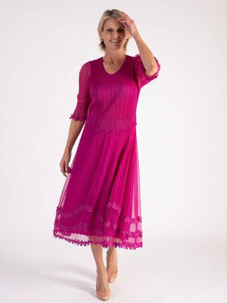 Fuchsia Mock Layer Daisy Chain Trim Plissé Pleat Mesh Dress