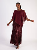 Signature  Wine Sequin Dress with Flowing Chiffon Cape