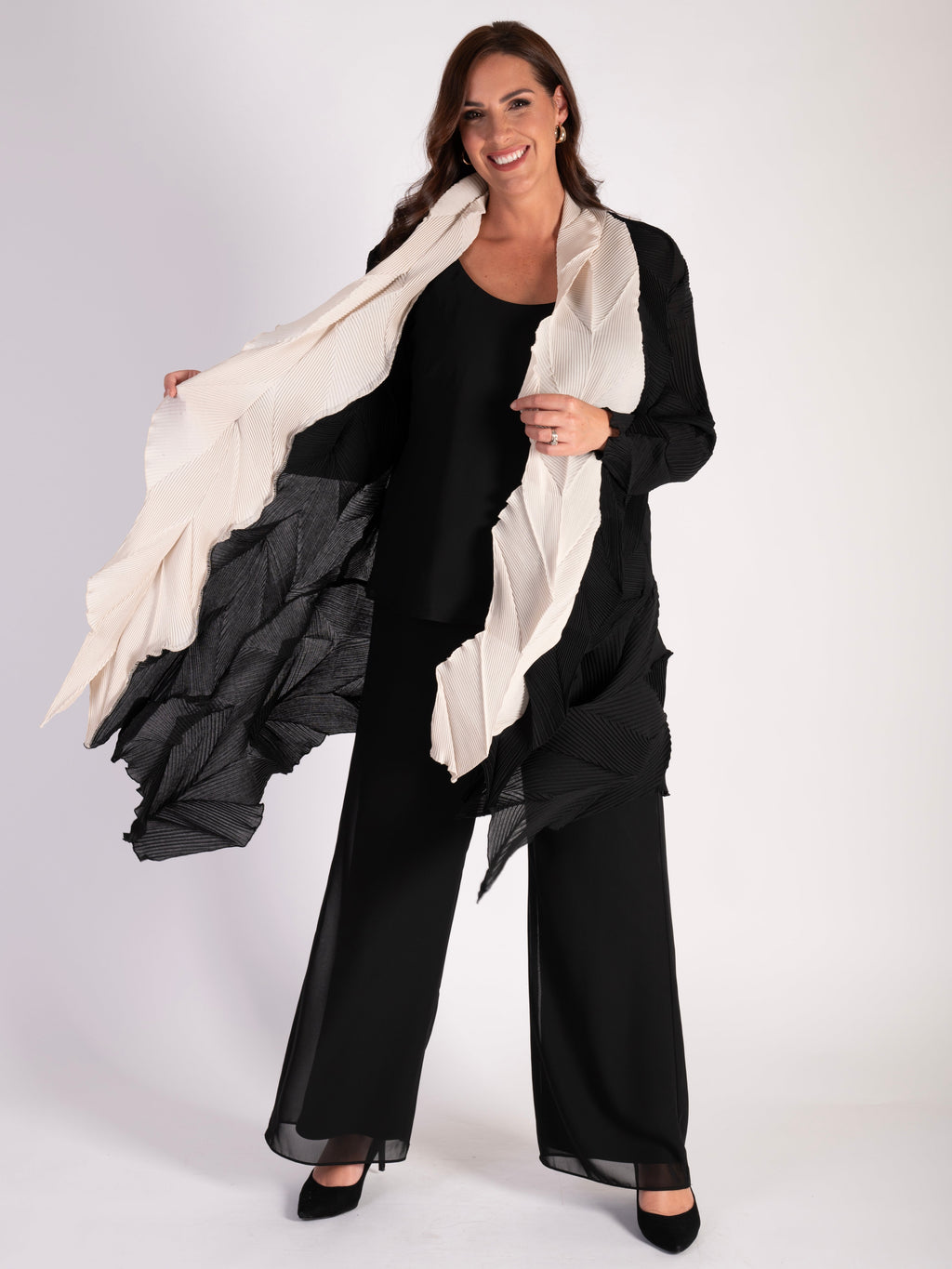 Black Cream 3 D Pleated Long Shrug Contrast Front