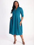 Teal Notch Neck Zip Front Crepe Jersey Balloon Dress