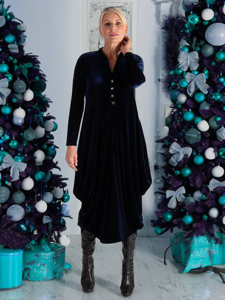 Navy Stretch Velvet Drape Dress With Button Placket- LIMITED EDITION