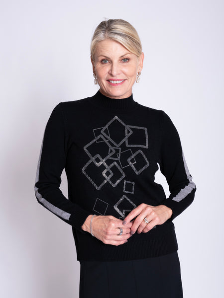 Black/Grey Diamanté Square Motif Mock Neck Sweater