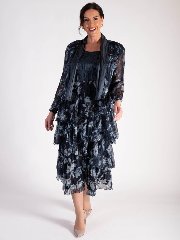 Navy Plain Satin And Floral Print Chiffon Shrug Chesca Direct