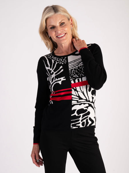 Black/Cream Forest Panelled Jumper with Red Stripes