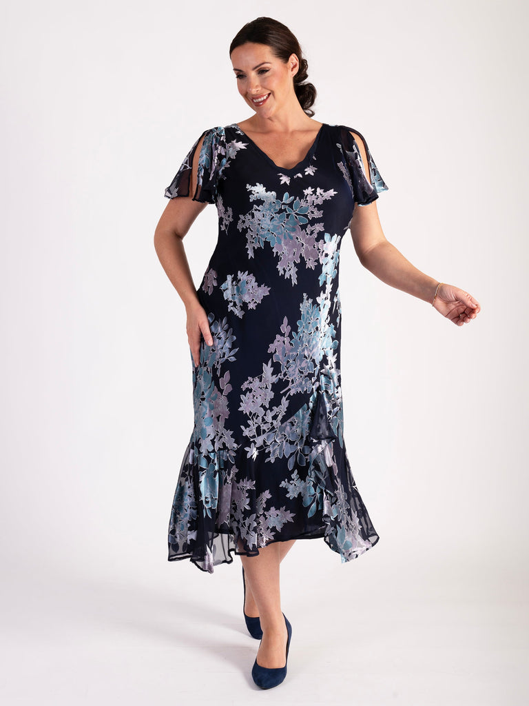 Navy/Lilac Enchanted Leaf Devoree Dress with Chiffon Neckline