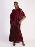 Signature  Wine Sequin Dress with Flowing Chiffon Cape