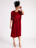 A Rouge Pleated Dress With Applique Chiffon Flower Detail