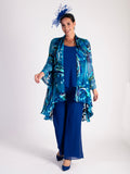 Teal/Cobalt Hand Painted Silk Mix Ocean Wave Satin Devoree Jacket with Split Cuff Detail- LIMITED EDITION