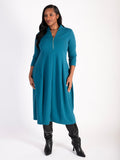 Teal Notch Neck Zip Front Crepe Jersey Balloon Dress