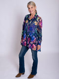Blue/Violet Jewel Symphony Jacquard Semi-Sheer Blouse With Back Pleated Detail
