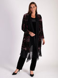 Opulent Black/Claret/Pink Renaissance Print Velvet Long Coat with Chiffon Trim