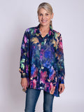 Blue/Violet Jewel Symphony Jacquard Semi-Sheer Blouse With Back Pleated Detail