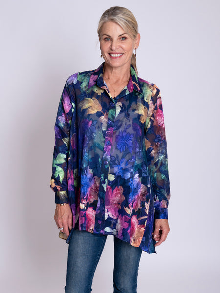 Blue/Violet Jewel Symphony Jacquard Semi-Sheer Blouse With Back Pleated Detail