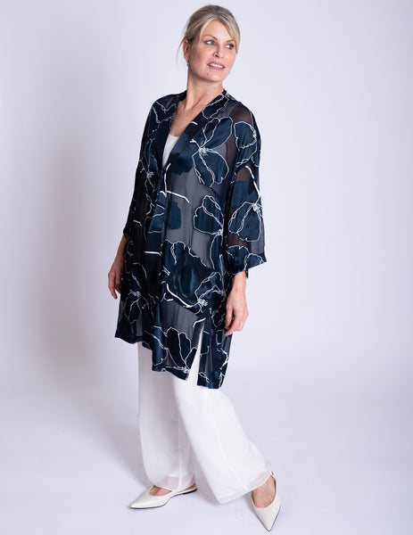 Navy/White Silk Floral Devoree Longline Kimono