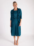 Jade Pleated Dress With Applique Chiffon Flower Detail
