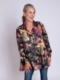 Black/Red Amber Symphony Jacquard Semi-Sheer Blouse With Back Pleated Detail