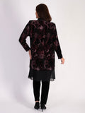 Opulent Black/Claret/Pink Renaissance Print Velvet Long Coat with Chiffon Trim