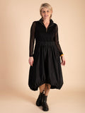 Black Jersey Dress with Mesh Sleeves and Taffeta Drawstring Skirt