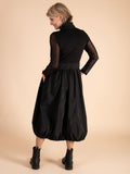 Black Jersey Dress with Mesh Sleeves and Taffeta Drawstring Skirt