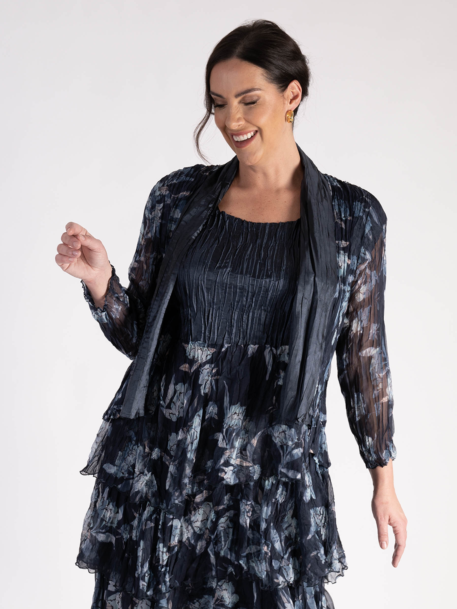 Navy Plain Satin And Floral Print Chiffon Shrug | Chesca Direct