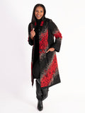 Black and Red Abstract Embroidered Cross-Back Coat with Panelled Trim