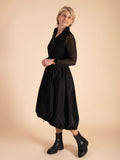 Black Jersey Dress with Mesh Sleeves and Taffeta Drawstring Skirt