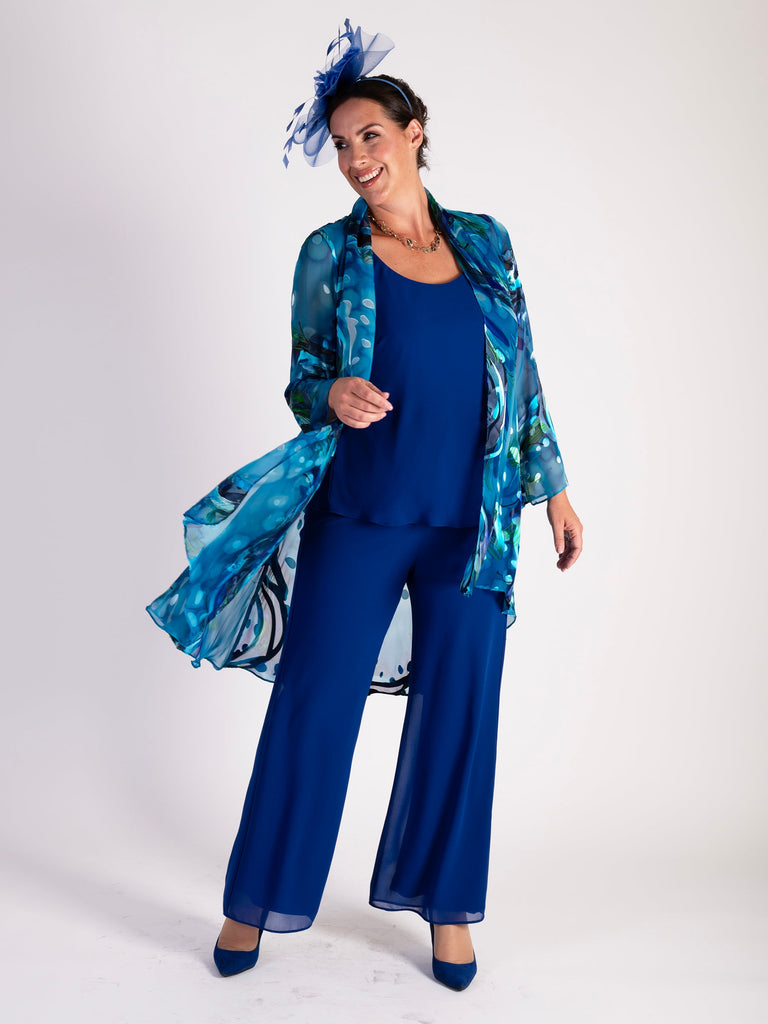 Jayley Blue Deluxe Silk Silk Waterfall Jacket Chesca Tropical Leaf