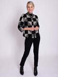 Black/Cream Short Knitted Jacket with Geometric Patterned Squares and Gold Fastenings
