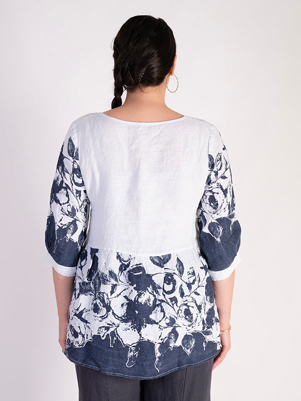 Navy/White Floral Print Linen Jacket | Chesca