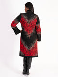 Black and Red Abstract Embroidered Cross-Back Coat with Panelled Trim