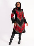 Black and Red Abstract Embroidered Cross-Back Coat with Panelled Trim