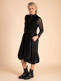 Black Jersey Dress with Mesh Sleeves and Taffeta Drawstring Skirt