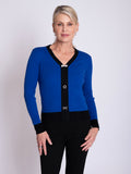 Cobalt/Black Ribbed V Sweater with Brooch Details