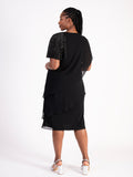 Glamorous Black Tiered Chiffon Dress with Asymmetric Neckline and Diamanté Shoulder Detail