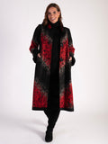 Black/Red Scribble Embroidered Coat with Contrast Panelled Trim