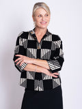 Black/Cream Short Knitted Jacket with Geometric Patterned Squares and Gold Fastenings