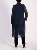 Dark Navy Chiffon Barrel Coat with Lace Chevron Inset Trim